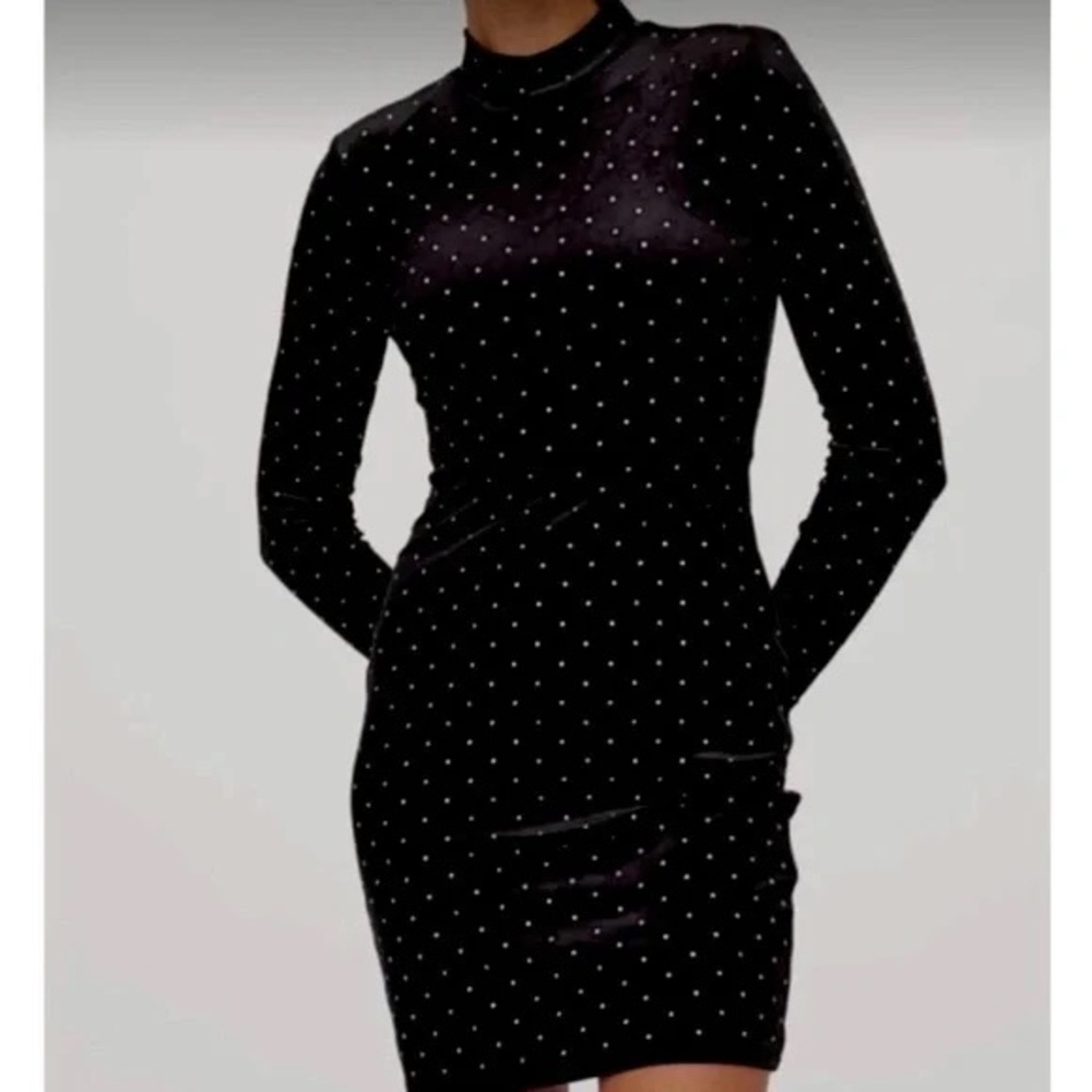 Velour Studded Mock Neck Black Dress - Picture 4 of 7